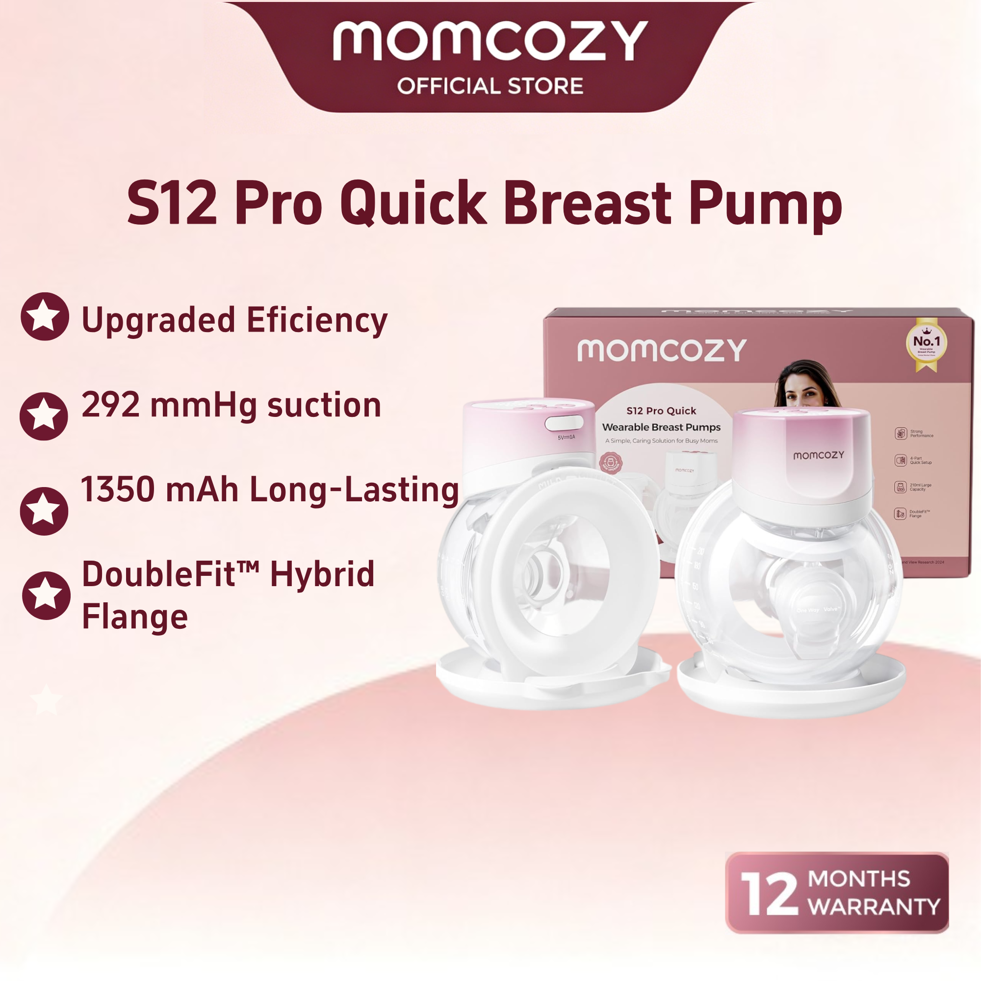 Momcozy Breast Pump S12 Pro Quick, Hands-Free Wearable & Wireless Pump, with DoubleFit Hybrid Flange, 3 Modes & 9 Levels Electric Pump Portable, Smart Display, 1 Count, Cozy White ราคา 2,624 บาท*ส่งฟรี