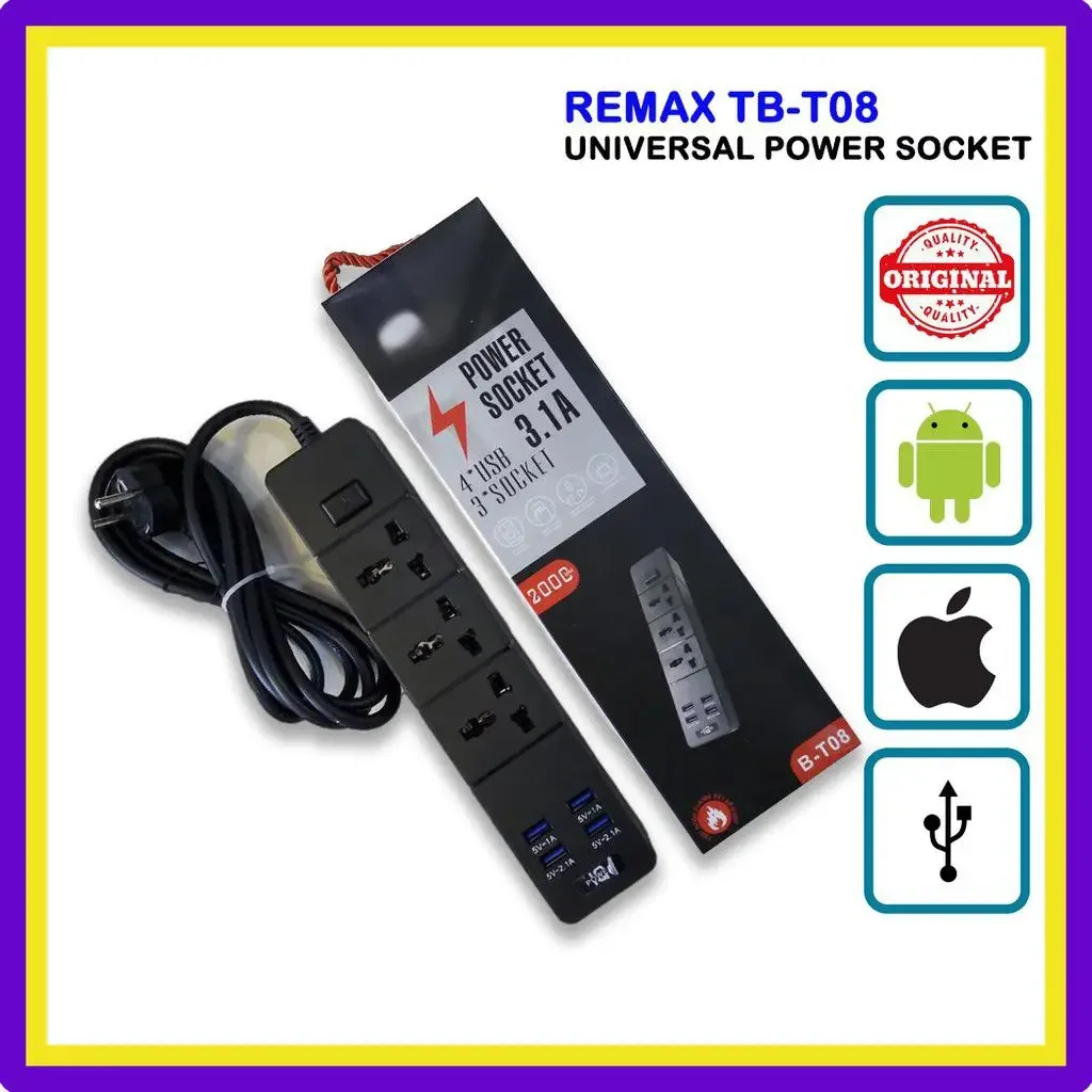 REMAX TB08 Extension UK Plug Cord with 3 Socket Outlets and 4USB 2500W 3PIN UK PLUG