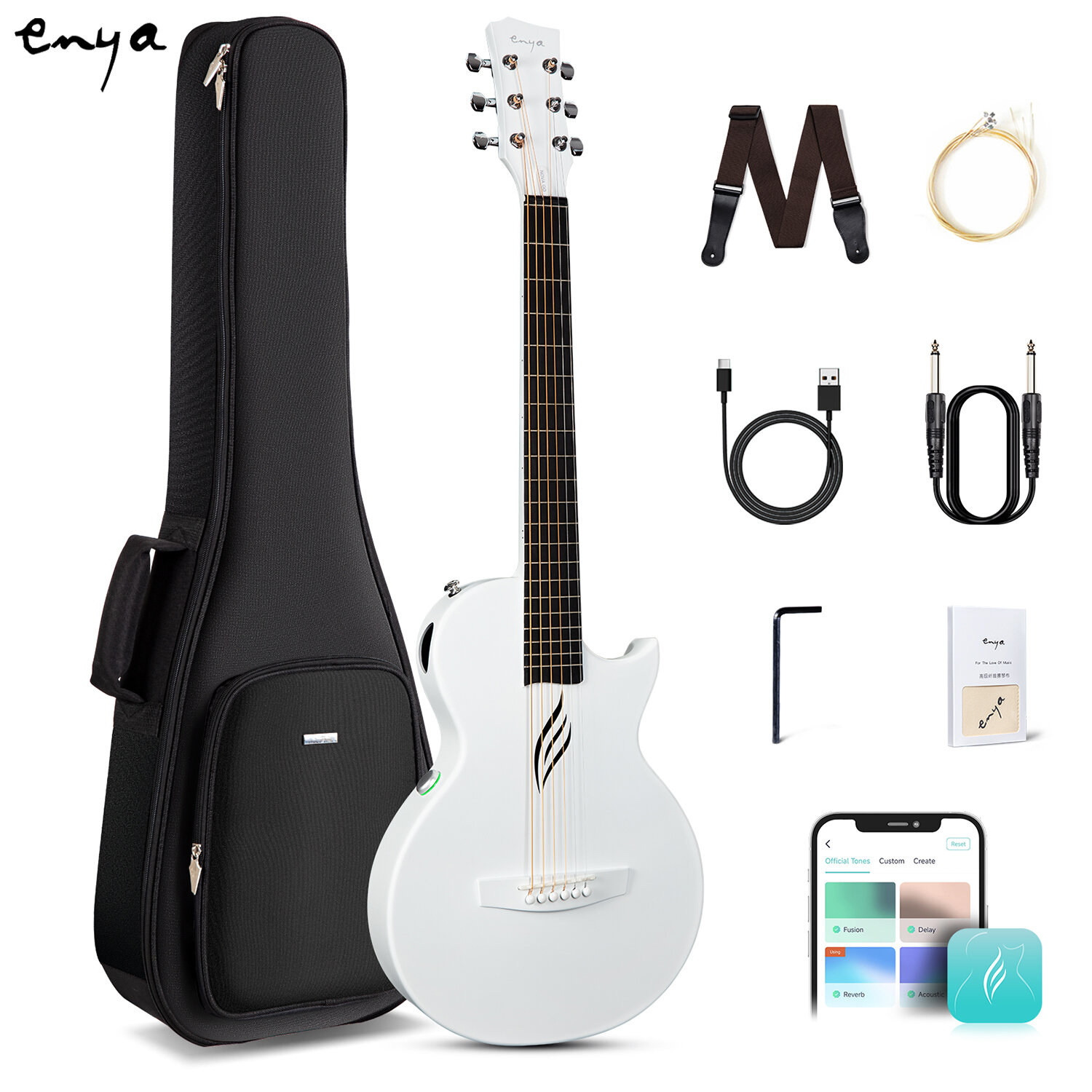 Enya NOVA Go SP1 Carbon Fiber Acoustic Electric Guitar with Smart AcousticPlus 35 Inch Travel guitar Electric accoustic guitar sale Bundle Kit of Gig Bag Strap Charging Cable Instrument Cableelectric guitar full setenya guitar official store
