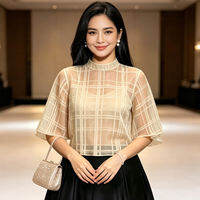 Amyenjoylife Modern Filipiniana Top Round Neck Mid Sleeve Transparent Cover Shirt For Women Elegant Blouses Women Top Casual