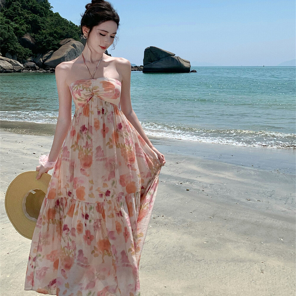 French Style Floral Print Halter Neck Strap Dress Women's Slimming Beach Vacation Backless Tube Top Maxi Skirt Summer Dress