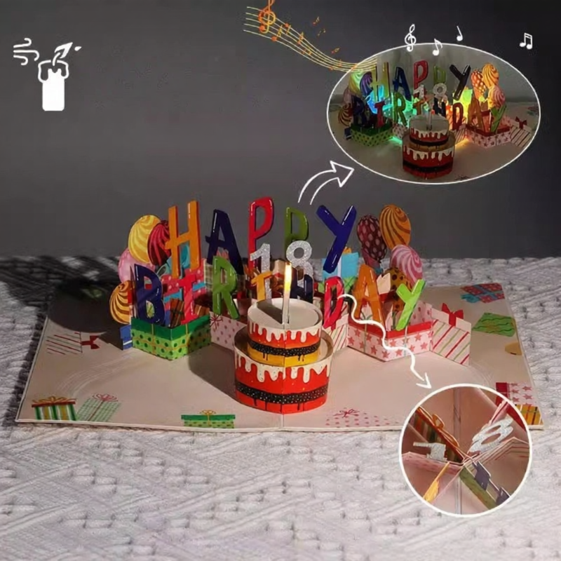 Birthday Greeting Card 3D Foldable Music Creative Paper Sculpture Premium Feeling Handmade Candle Blowing Song Lighting Small Card