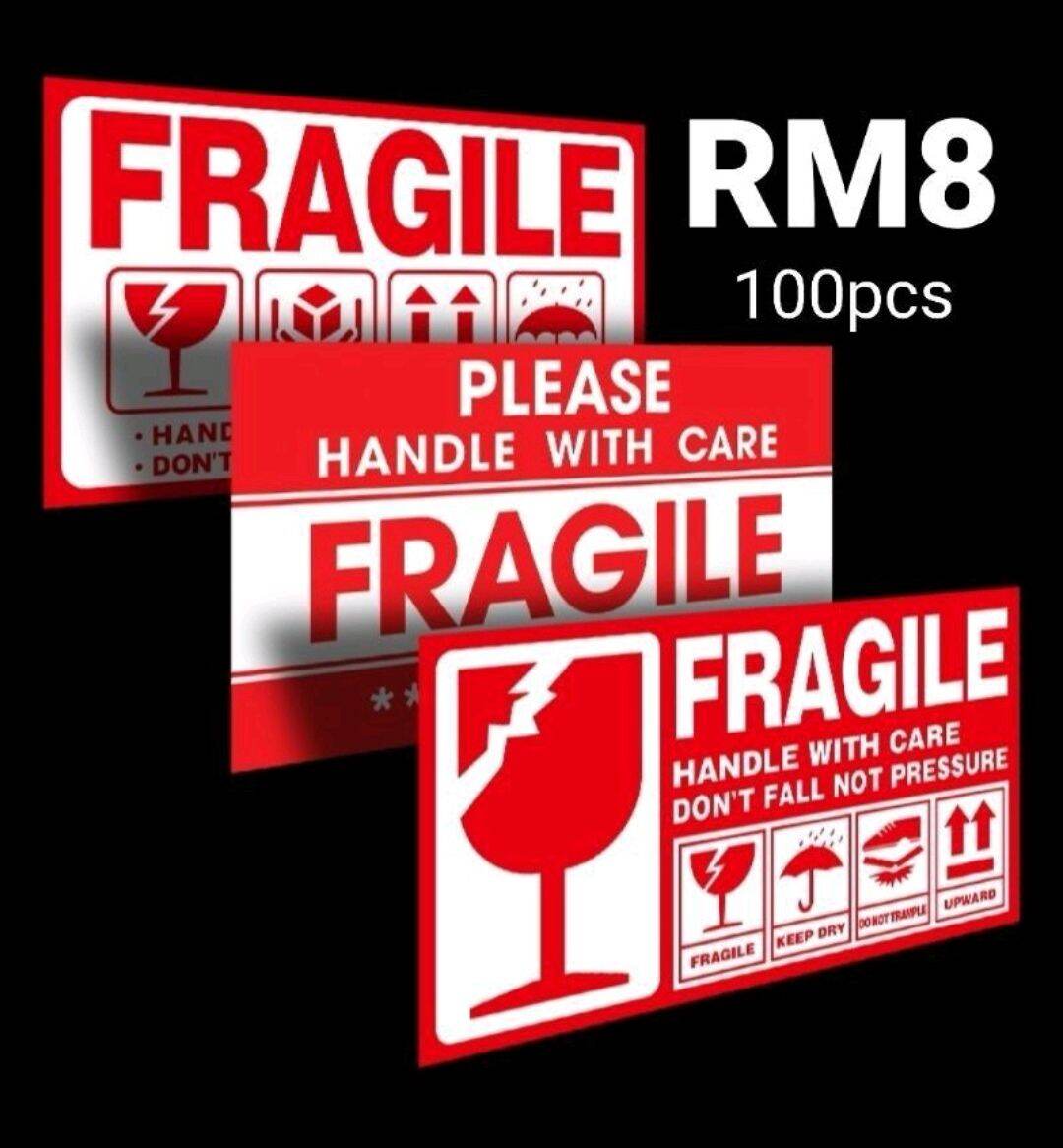 100pcs of Warning Label FRAGILE Sticker Fragile Label suits for DHL Poslaju J&T LEX GDEX Skynet Pgeon 9cm