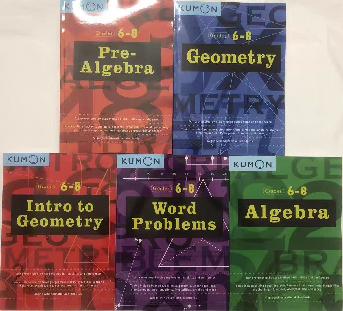 Kumon Math Workbooks Middle School (5 Books) - Pre-Algebra & Algebra + Intro to Geometry & Geometry + Word Problems. 