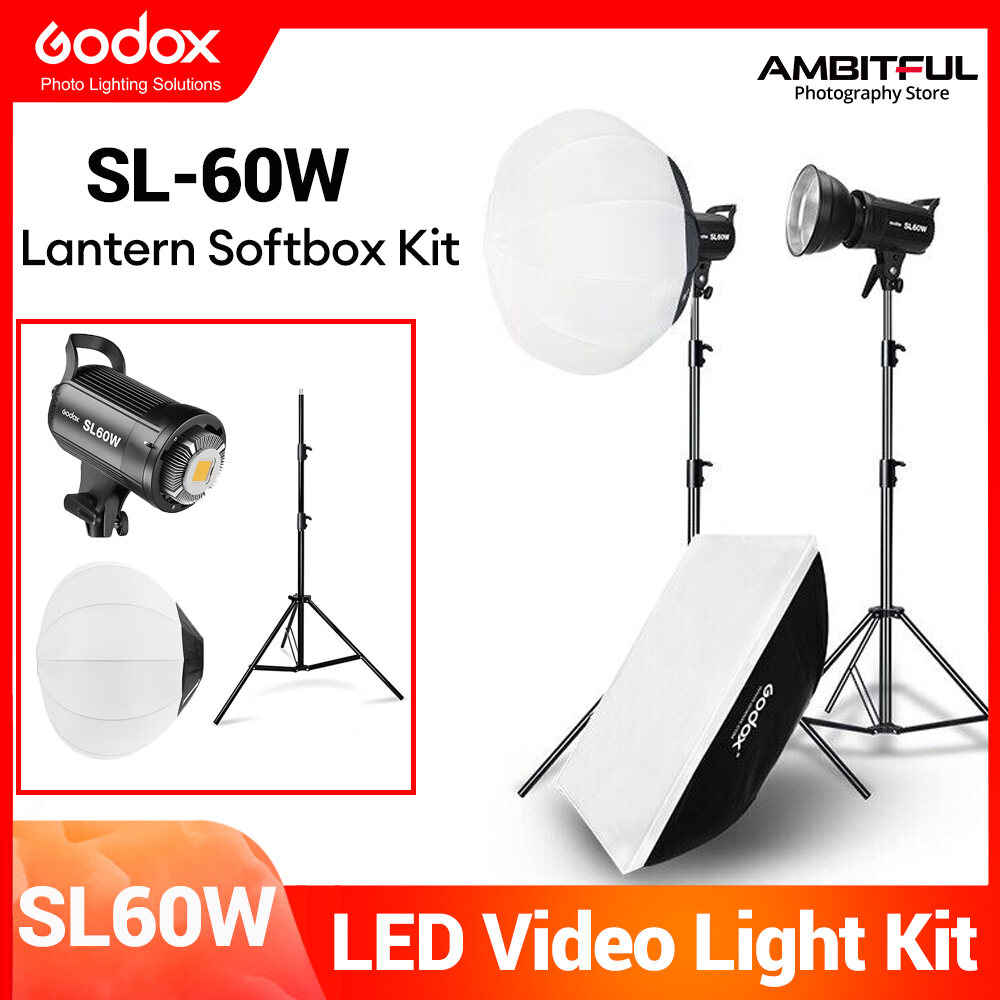 Godox Sl60w 2 unit LED Video Light Kit SL-60W 60Ws 5600K Studio LED Video Light Continuous Video Light + 2x 2.8m Light Stand + 2x Lantern Softbox LED Light Kit