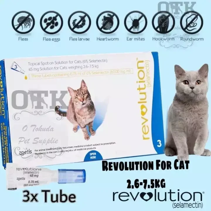 Revolution Cat Flea & Ticks Control & Multi Parasites Protection-2.6 to 7.5KG (Blue 3 Tubes)
