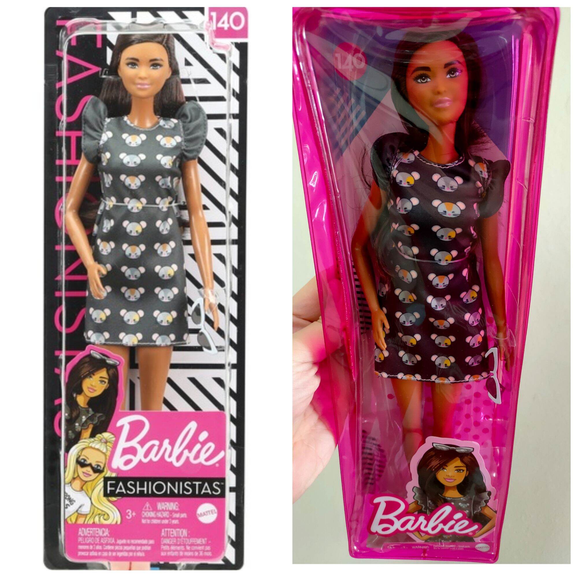 barbie fashionista mouse dress NEW Barbie Fashionistas #140 TALL DOLL w/ Long Brunette Hair & Mouse Print  Dress