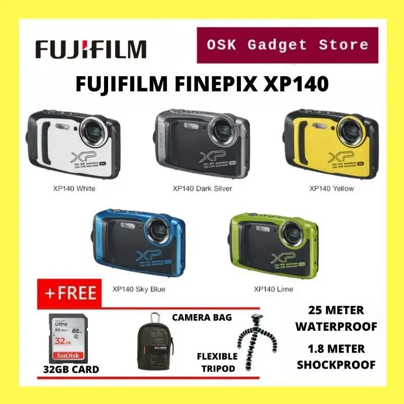 Fujifilm Finepix XP140 All Weather Waterproof 4K Tough Digital Camera Free 32GB Card + Camera Case + Flexible Tripod ( 1 Year Warranty )