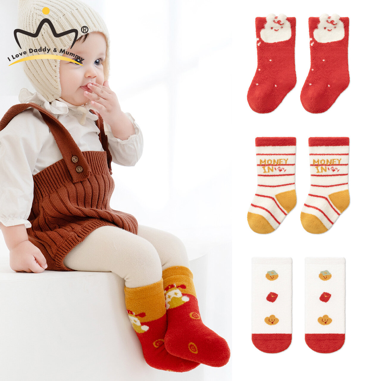 Mùa Đông Ấm Bé Sang Trọng Vớ Năm Mới sọc đỏ Giữa Ống Vớ 0-3year Nam Nữ Trẻ Em nhung dày Vớ Trẻ Em Giày Dép