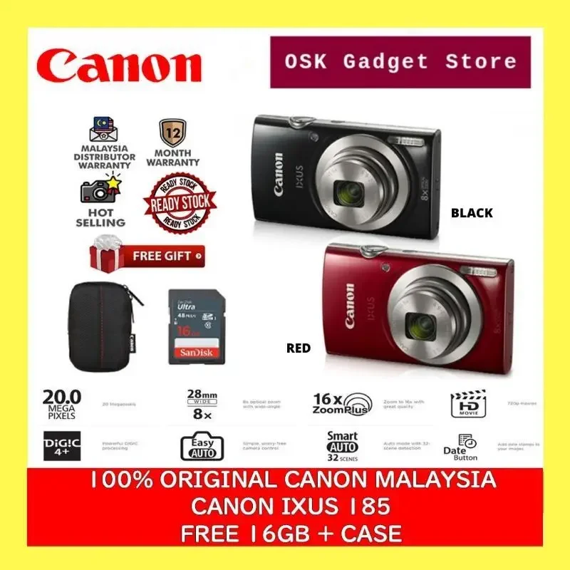 Canon Ixus 185 20MP 8x Optical Zoom Digital Compact Camera Free 16GB Card + Camera Case ( 1 Year Canon Malaysia Warranty )