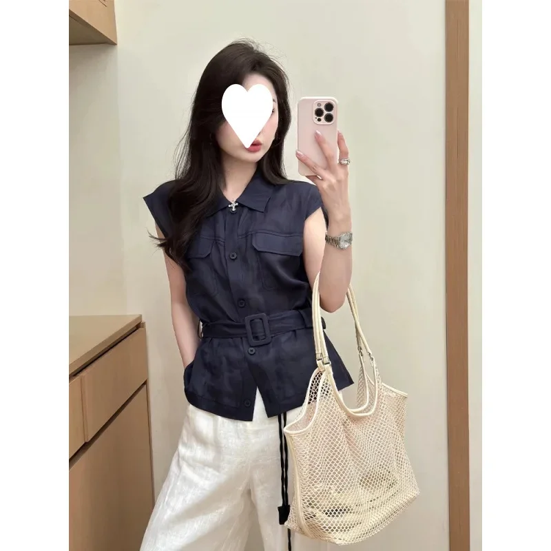 French Luxurious Dark Blue Polo Neck Miniature Sleeve Shirt Women Summer High-End Sensation Stylish Age-Defying Sleeveless Vest