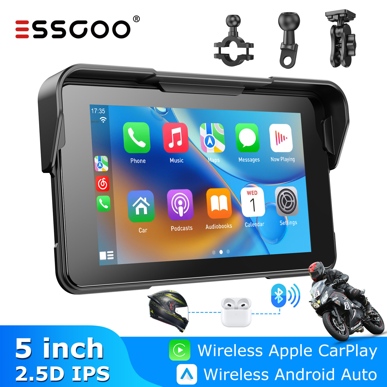 【Local Delivery】 ESSGOO Detachable CarPlay/Android Auto Phone Connectivity Device for Motorcycles 5-inch HD Screen IP67 Waterproof Voice Assistant IPS Screen GPS Navigation Bluetooth Headset/Helmet Headset Motorcycle Player ราคา 2,099 บาท*ส่งฟรี