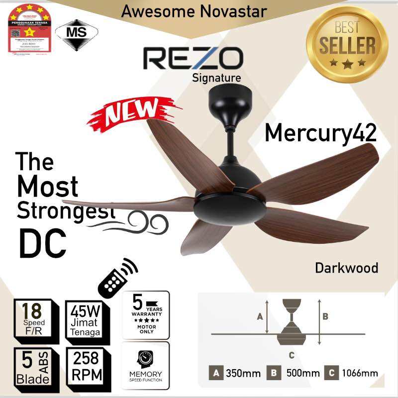 REZO Mercury 32"/ 42"/56" with LED DC Motor Remote Control Ceiling Fan Premium. 