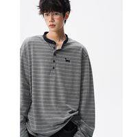 SUODUN | Henley Placket Striped Long Sleeve Dachshund Print T Shirt