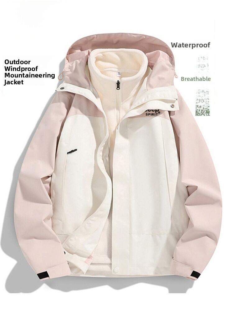 Jeep Spirit Women's Three-in-One Detachable Fleece Lined Hiking Jacket Thick Outdoor Coat Spring Autumn Winter Regular Fit
