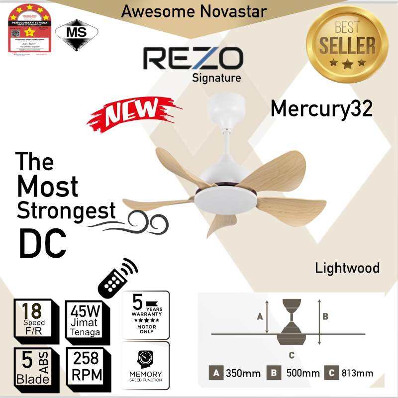REZO Mercury 32"/ 42"/56" with LED DC Motor Remote Control Ceiling Fan Premium. 