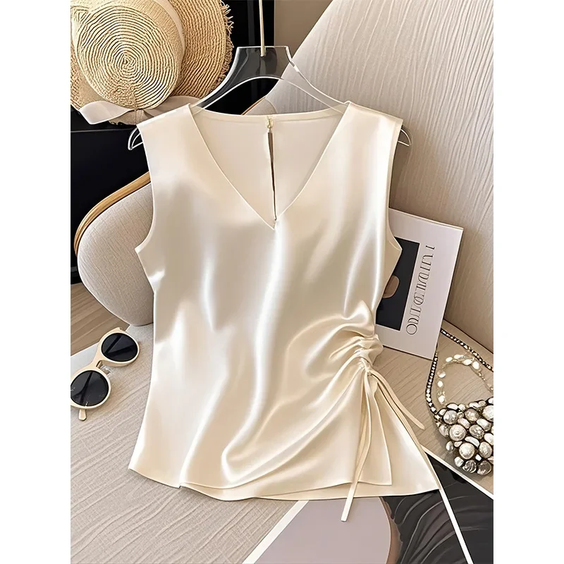 White Sleeveless Shirt Women's Summer New Design Waist-Cinching Belted Pleated Top V-neck Satin Fabric Pure Color