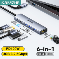SAMZHE USB ฮับ C 6 In 1 Type-C เป็น HDMI 4K30Hz PD100W Dock USB-C อะแดปเตอร์สำหรับแล็ปท็อปอีเทอร์เน็ต3.0
