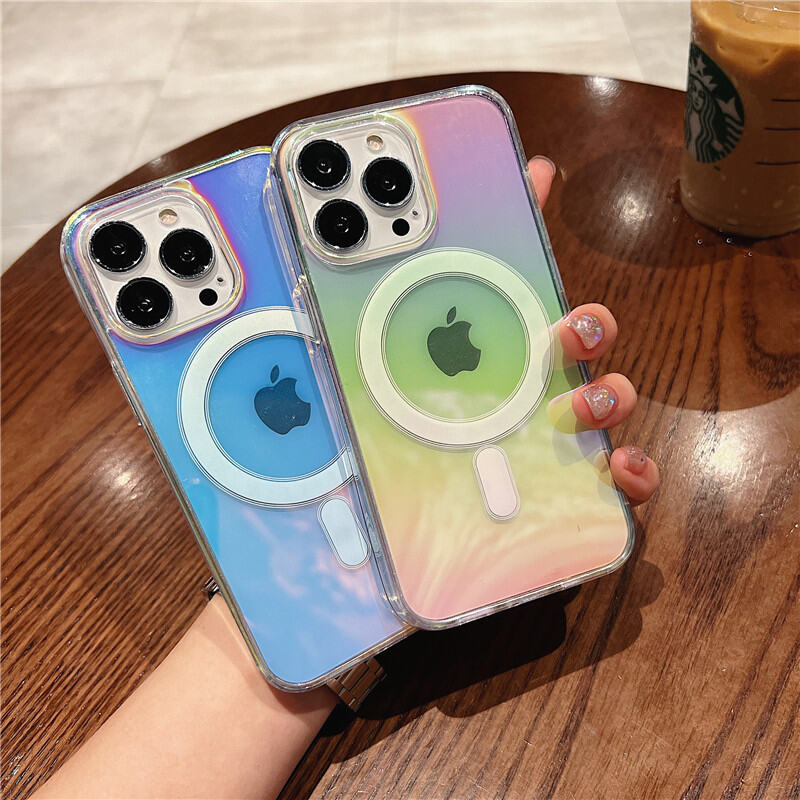 CrashStar MagSafe Colorful Transparent Shockproof Hard Phone Case For iPhone 15 14 Pro Max Plus 13 12 11 Pro Max Wireless Charging Fashion Luxury Clear Phone Casing Laser Aurora Phone Cover Shell Hot Sale