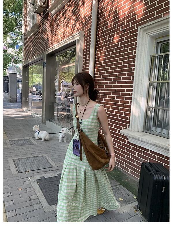 Retro Plaid Vest Dress Women Summer New Holiday Loose Gathered Design Sense Sleeveless Strap Dresses Korean Style Long Skirt