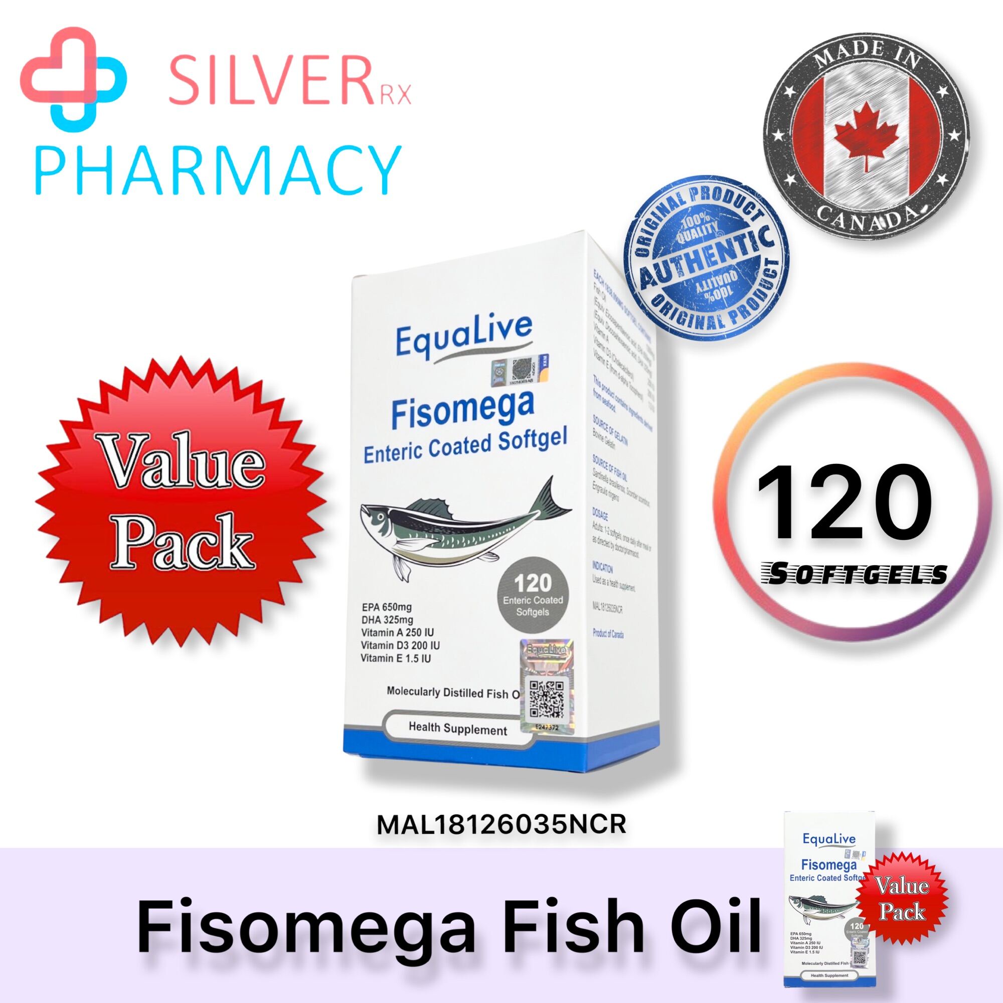 [Exp 19/08/2025] Equalive Fisomega Enteric Coated Fish Oil [EPA 650mg][High strength][Halal] [120 Softgels/Bottle] [4 Months Supply/Bottle]