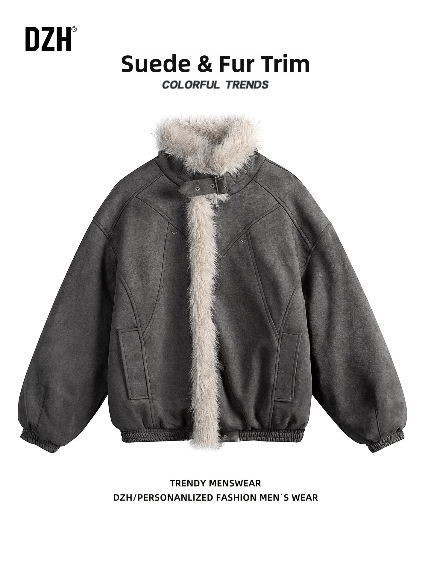 DZH | Mandarin Collar Shearling Lined Suede Cotton Padded Jacket - Jenama DZH Harga 266 Ringgit*Penghantaran Percuma