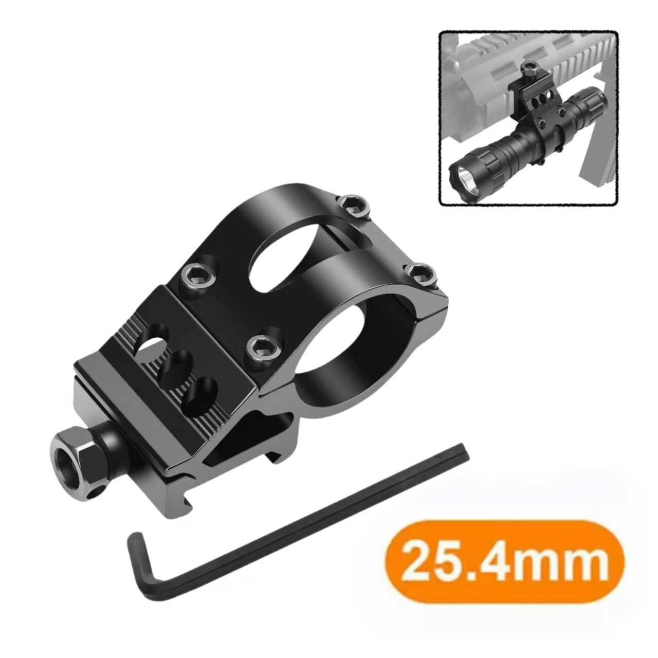 Tactical Offset Flashlight Mount For M-LOK Rail - 1 Inch/25.4mm Rings, Black Aluminum, For Rifle
